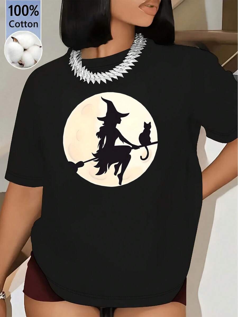 Soft 100% Cotton T-Shirt. A Women's Short-Sleeved T-Shirt, Ideal For Summer, With A Witch And Cat Silhouette Design On The Moon, Made From A Comfortable Material. Perfect For Halloween. - 黑色 - 查看 1