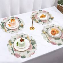 Floral Scalloped Round Placemats, Decorative Table Mats, Size 36*36cm. Polyester Woven, Heat-Resistant, Waterproof, Stain-Proof, Washable & Durable For Table Decor. - Multicolor - View 12