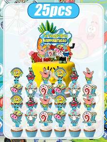 SpongeBob SquarePants SquarePants Full Bikini Bottom Character Cake Topper Set, Large Pineapple House Happy Birthday Big Cake Topper & Multi-Style Matching Cupcake Picks With Patrick Gary Mr.Krabs Squidward Print, Durable Thick Cardstock Waterproof - Multiple Styles - View 10