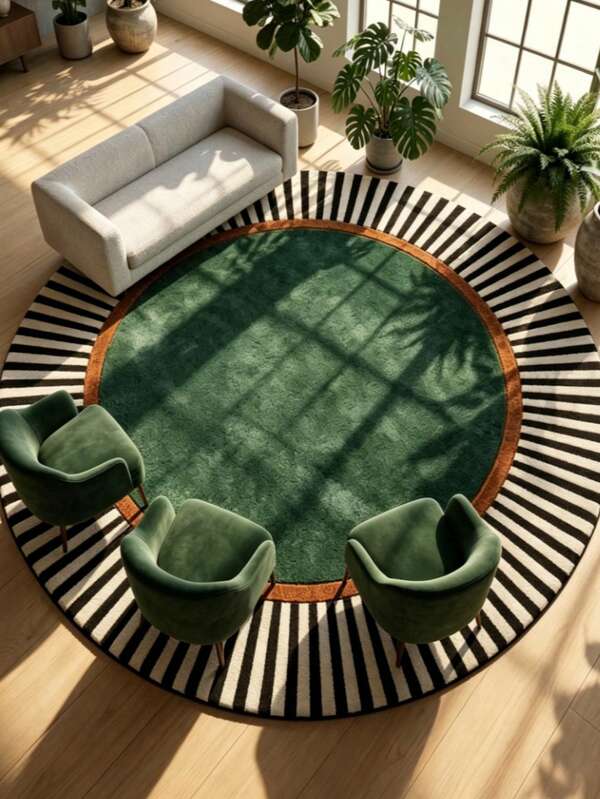 1 pieza Alfombra artística de estilo vintage americano de mediados de siglo moderno con contraste verde oscuro y rayas negras y blancas, alfombra decorativa de estilo estético personalizado, alfombra redonda grande antideslizante de alta gama para área de sofá de sala de estar, manta de atmósfera estética de espacio estilo Ins, decoración suave de estilo dandy vintage de alta gama como de película de dopamina, alfombra de área grande, tapete de piso, decoración del hogar, alfombra de área, manta casual, alfombra redonda, alfombra grande de sala de estar, alfombra lavable