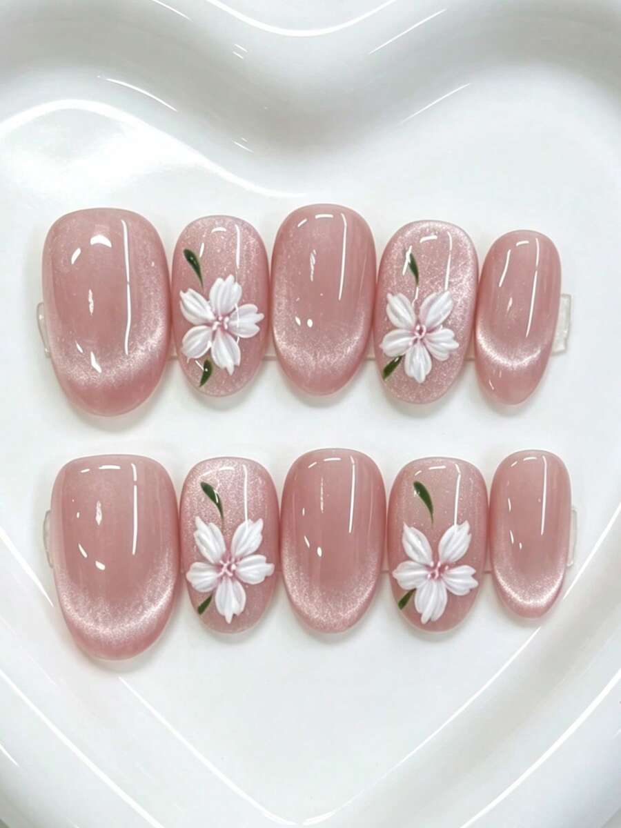 Toloky Medium Oval Nude Pink Pearl Cat Eye Press On Nails, 3D Hand Painted White Sakura Flower Green Leaf Fake Nails, Fresh Elegant Gentle Coquette Glossy Handmade Reusable False Nail Tips Daily Spring Casual Manicure Back To School Y2K Summer Nails - Multicolor - View 1