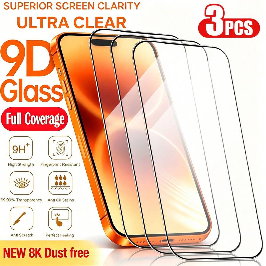 3入組 9D 全螢幕鋼化玻璃螢幕保護貼,相容 iPhone 17 Pro Max,高畫質透明、防刮、無氣泡安裝、相容保護殼、高品質玻璃防護、表面光滑、防眩光,頂級配件 - 無色 - 查看 1