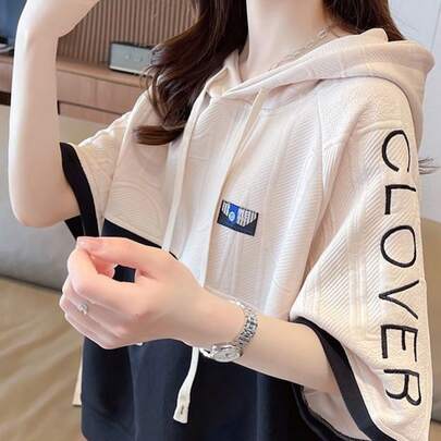 レディース 半袖 パーカー フード付き Tシャツ プルオーバー バイカラー 配色 切替 英字 ロゴ トップス ゆったり オーバーサイズ 体型カバー 着痩せ 五分袖 凹凸 ジャガード カジュアル ストリート スポーツ