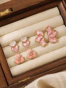 Set 3 Pasang Anting Stud Enamel Gradien Merah Muda, Termasuk Bentuk Bunga, Persegi Geometris, dan Abstrak Asimetris, Aksesori Elegan untuk Pemakaian Sehari-hari Wanita dan Pernikahan, Hadiah yang Luar Biasa - Berwarna merah muda - View 5