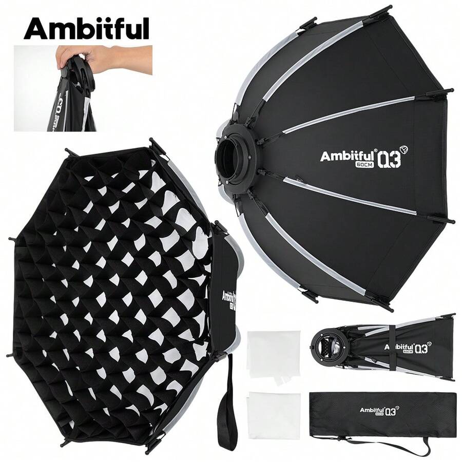 Ambitful Q3 40/60cm 快拆八角形柔光箱附蜂巢格柵，Godox 便攜式可折疊攝影棚燈光擴散罩，適用人像與戶外攝影
