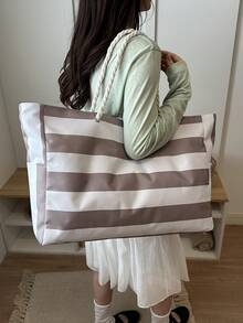 Large Waterproof Beach Tote Bag With Zipper And Sand-Proof Design, Suitable For Swimming Pool, Random Pattern, School Backpack, Portable, Large Capacity, Suitable For Teenage Girls, Women, College Students, University, Middle School, High School, Outdoor, Travel, Outing, Work, Business, Commute, Holiday, Shopping - Light Khaki - View 4
