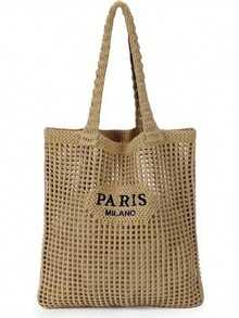 Bolso de hombro de punto, bolso de playa versátil con diseño de letras huecas bordadas, casual, bolso de viaje, bolso de playa - Caqui claro - Ver 1