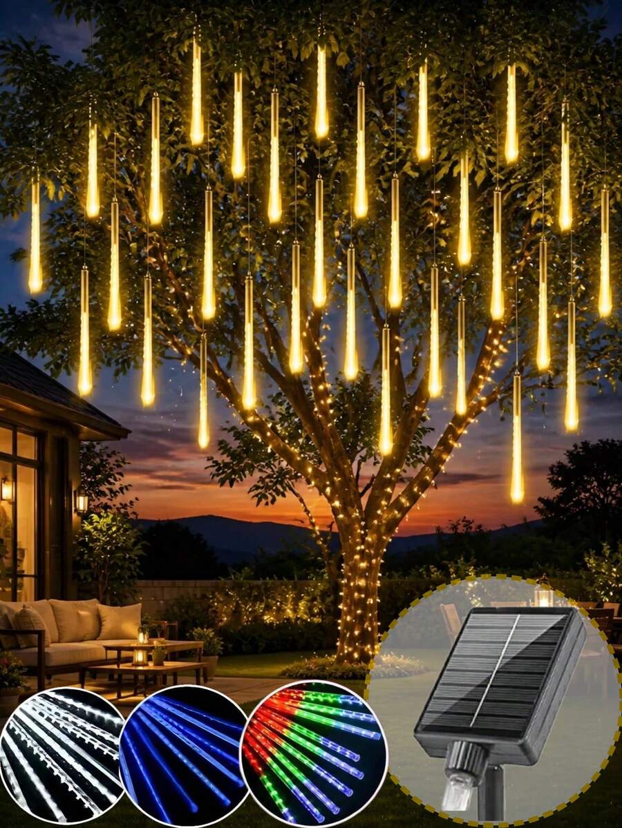 Luci a pioggia di meteore a LED alimentate a energia solare 30/45cm - 8 tubi, 192/288 LED, luci fatate impermeabili IP65, luci da appendere in plastica per esterni, adatte per giardino, cortile, villa, tetto, balcone, matrimonio, festa, albero, grondaie, Natale, Ognissanti, decorazioni per le vacanze