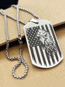 American Flag Dog Tag Necklace For Men, Stainless Steel Patriotic Pendant With Box Chain, Military Style Jewelry - Silver - View 5
