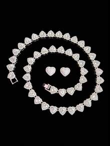 2 piezas/Set Collar de cadena con strass en forma de corazón de 10mm y un par de pendientes de corazón de circonita cúbica, collar de cadena de corazón estilo hip-hop para mujer y pendientes, collar clásico vintage punk de moda, conjunto de joyería de collar para mujer, adecuado para fiestas o uso diario, regalo del Día de San Valentín - Plateado - Ver 3