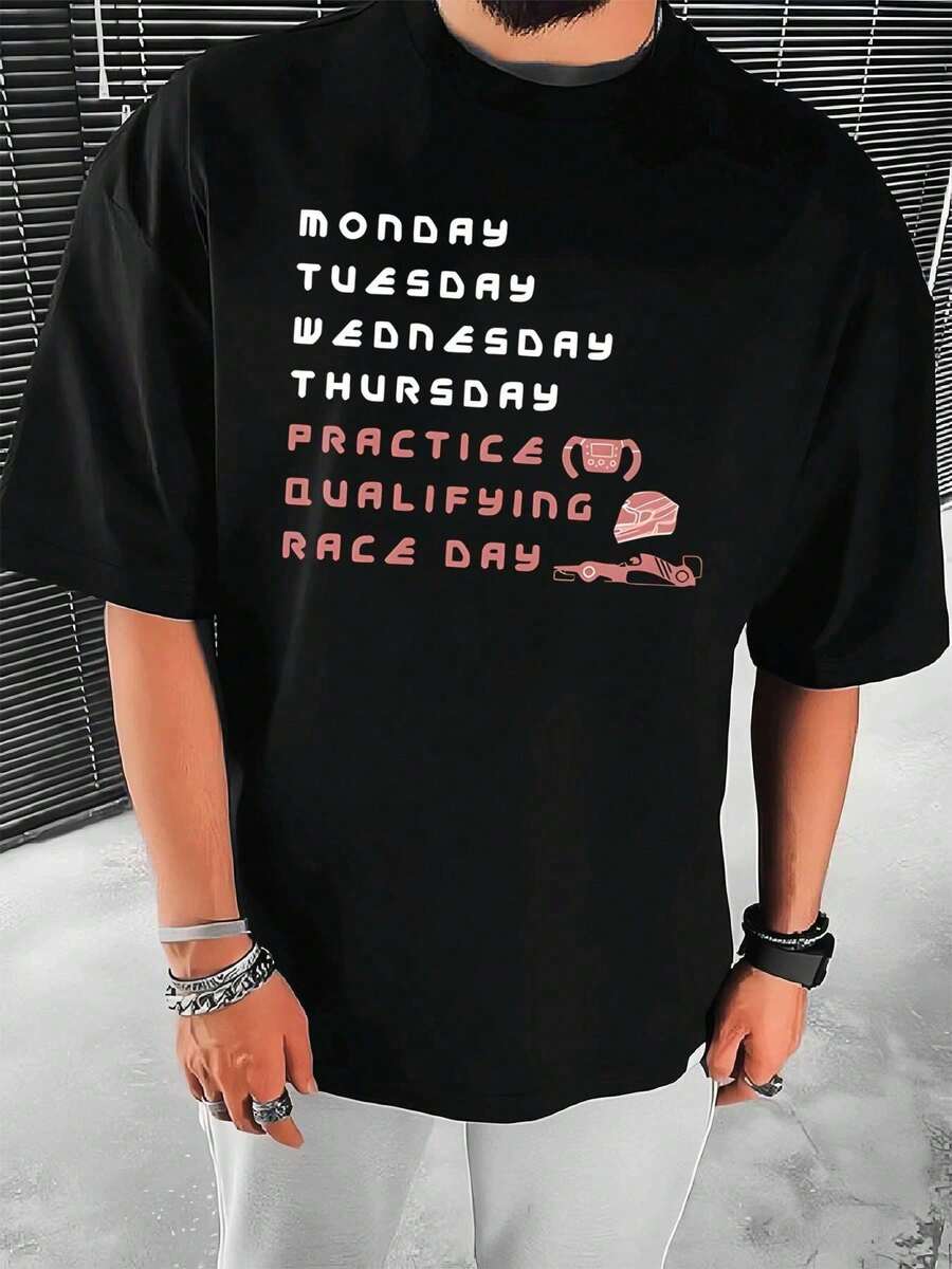 Vintage F1 Racing Day T-Shirt In Soft Cotton, Round Neck, Comfortable Fit, Graphic Pattern, Summer Top. - 黑色 - 查看 1