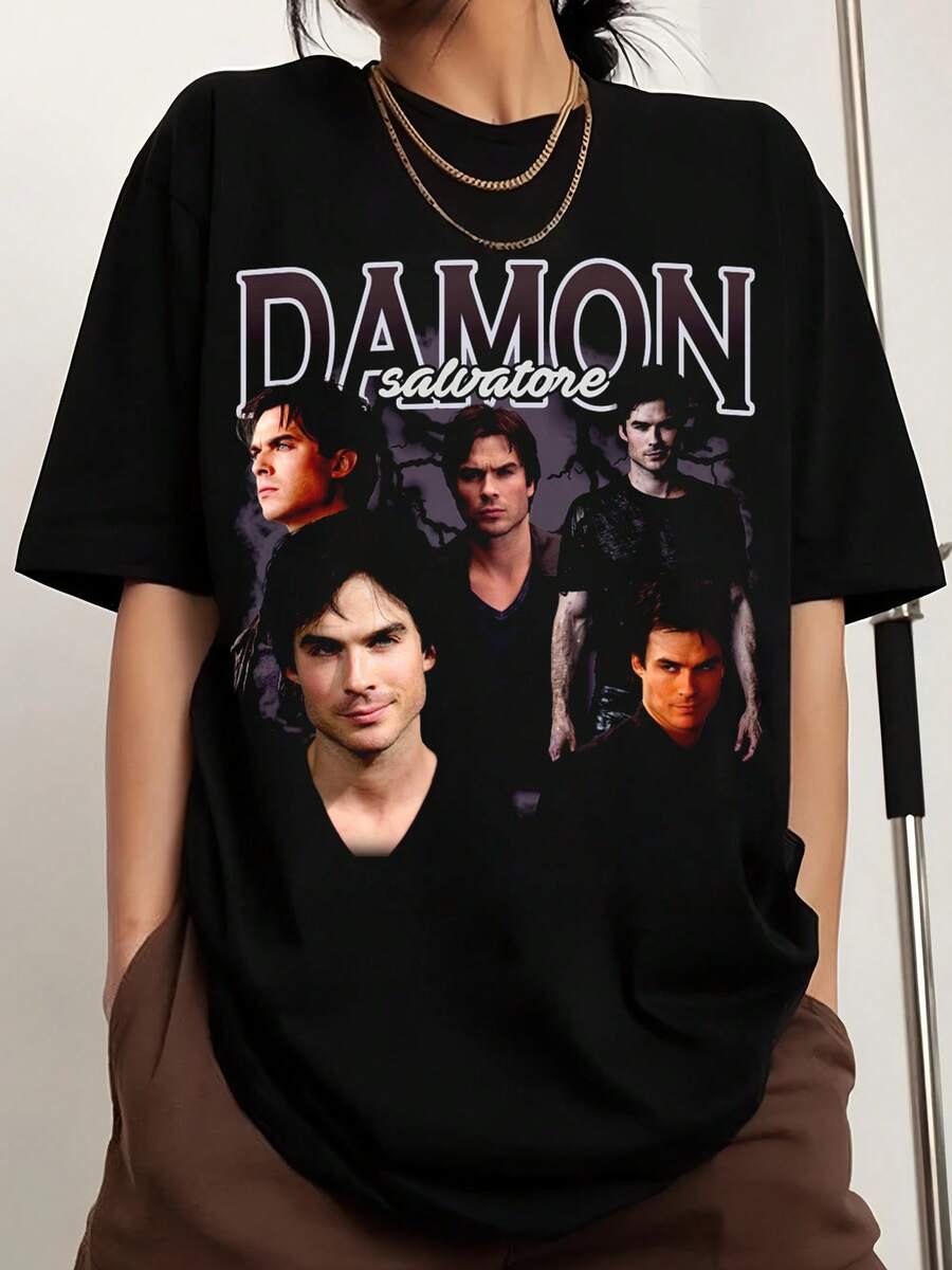 Limited Edition Damon Salvatores Shirt PNG. Digital PNG 4500x5100 Pixels. Retro, 90s Vintage, Bootleg T-Shirt. Retro Printed Fashionable T-Shirts For Men And Women, Fan Merch. - Black - View 1