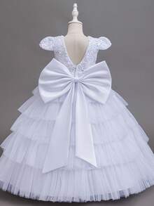 KAFEIBEI Young Girls Princess Dress With Luxurious Bow, V-Neck, Sequins And Tulle, Fluffy Long Skirt, Wedding Princess Party Gown, Suitable For Graduation Prom And Formal Occasions - White - View 8