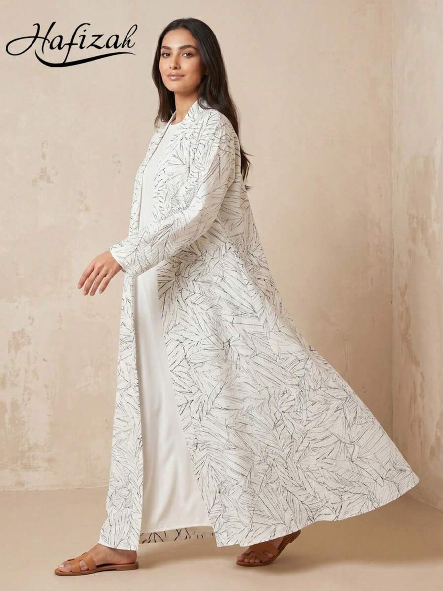 Hafizah 浅蓝色条纹印花宽松长款阿巴雅外套，垂坠修身艺术通勤开衫，百搭休闲女式长袍 - 白色 - 查看 1