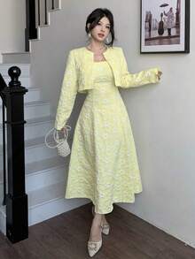 Elegante traje de chaqueta de jacquard para dama para exteriores - Caqui - Ver 4