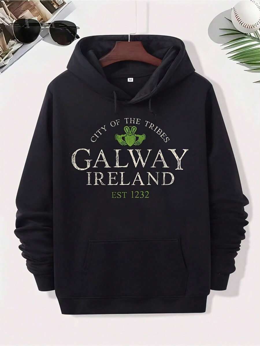 Sudadera Vintage Irlandesa para Hombre | Sudadera con Capucha de Corte Holgado con Gráfico de Galway, Irlanda, Lavable, Estilo Chic, Perfecta para Otoño/Invierno, Todas las Temporadas, T - Negro - Ver 1