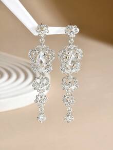 1 par de pendientes colgantes de lujo con corazón de strass, gota de agua y borla para mujer, joyería exquisita para boda, fiesta, gala de noche, regalo para esposa, novia, vacaciones - Plateado - Ver 3