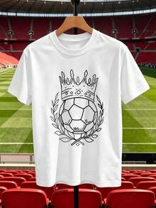 Camiseta de hombre con estampado gráfico de corona de fútbol, primavera, algodón suave, corte relajado, transpirable, estilo hip-hop urbano, estampado llamativo. - Blanco - Ver 2