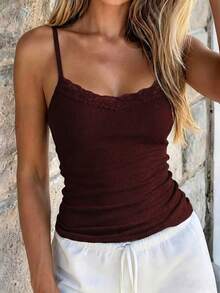 NOIRLYN Women's Tank Top Spring/Summer Y2K Sexy Slim Fit Lace Patchwork Camisole - Brick Red - View 7