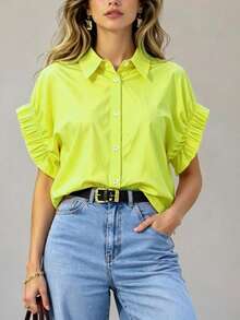 Women's Summer Dopamine Pink Collared Puff Sleeve Blouse, French Style Loose Button-Front Top, Versatile For Work/Date/Birthday Party Yellow - Yellow - View 7