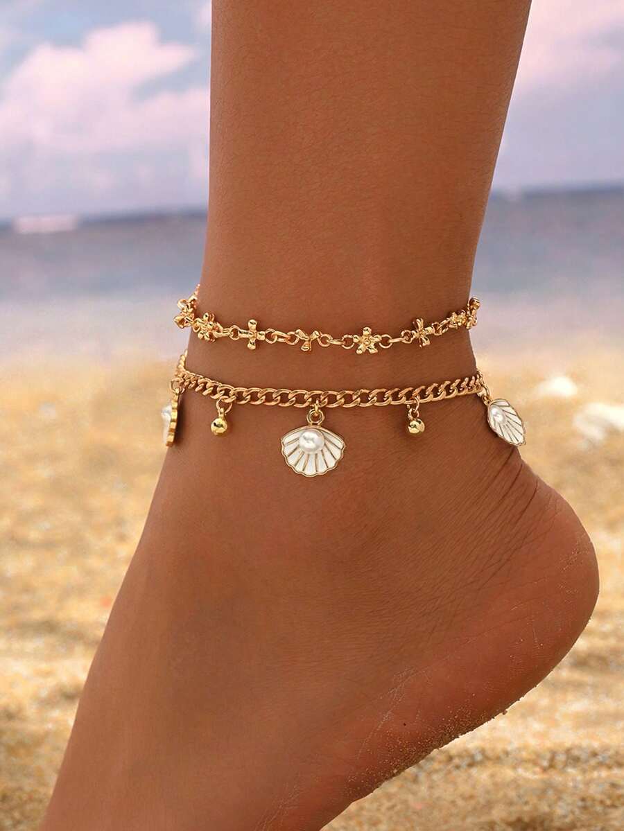 2pcs/Set Summer Beach Vacation Style White Enamel Shell & Faux Pearl Anklet, Simple Gold Handmade Chain Foot Jewelry For Women, Suitable For Daily Wear, Party Outfits And Travel - Multicolor - View 1