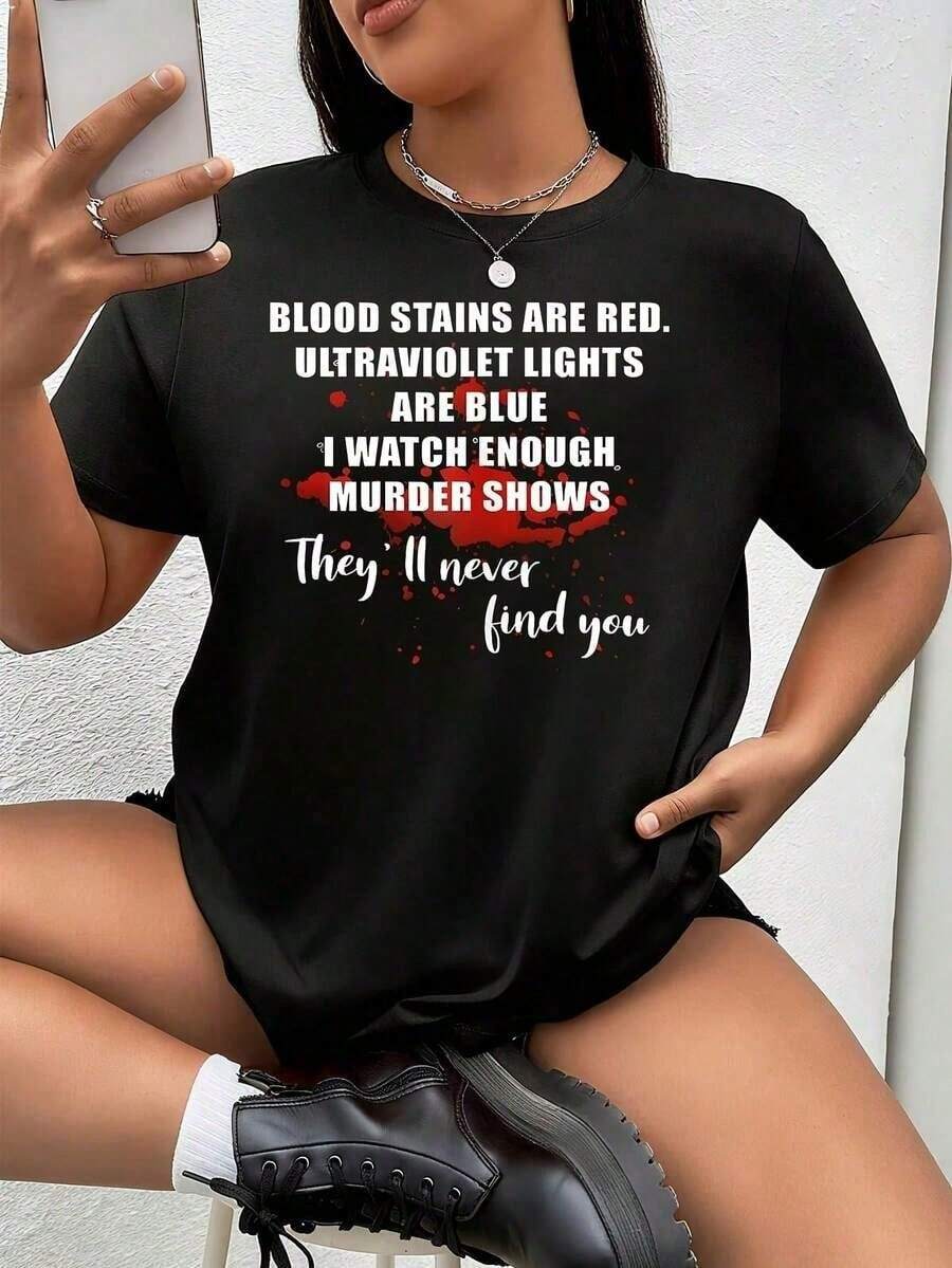 Camiseta con estampado Ultolet Lights "Blood Stains Are Red", talla grande, estilo oversize, de poliéster, cuello redondo, estilo casual. - Negro - Ver 1