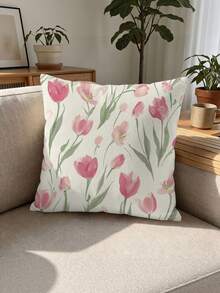 shangxia 1PC--Fresh Watercolor Pink Tulip Print Pillowcase, Gentle Floral Cushion, Living Room Sofa Bedroom Atmosphere Decorative Pillow --(Pillow Insert Not Included)---(Multiple Sizes)---(No Embroidery)---(Single-Sided Print) - Multicolor - View 8