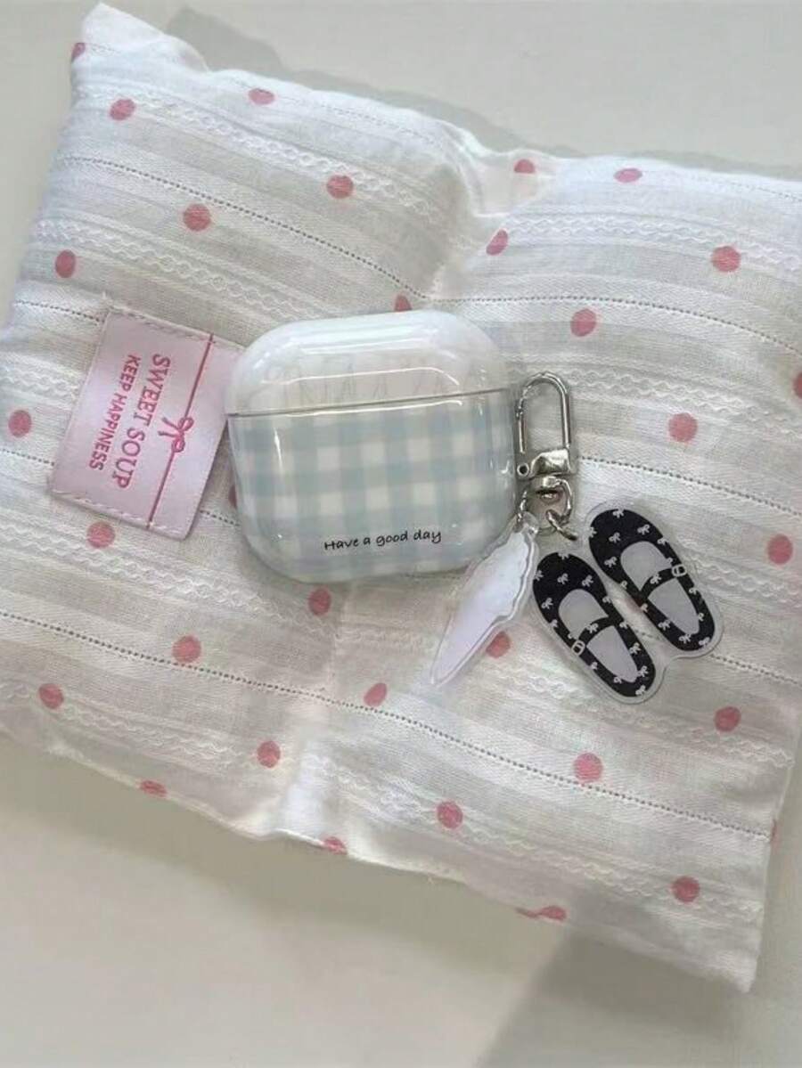 Casing Pelindung Motif Kotak-kotak Biru Segar untuk AirPods 4, Pro 1/2/3, Casing Pelindung Lembut Full Cover untuk Earphone Bluetooth Nirkabel dengan Gantungan Sepatu Balet - Baby Blue - View 1