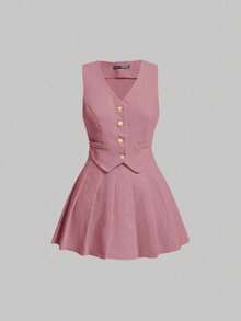 MOD Chaleco con detalle de solapa y botones y falda plisada para otoño/invierno - Rosa Pálido - Ver 1