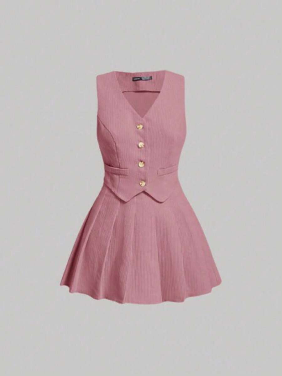 MOD Chaleco con detalle de solapa y botones y falda plisada para otoño/invierno - Rosa Pálido - Ver 1