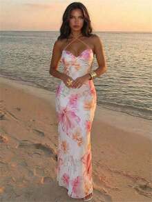 Vestido sexy de mujer con estampado floral, espalda descubierta, cordones y cuello halter - Multicolor 3 - Ver 1