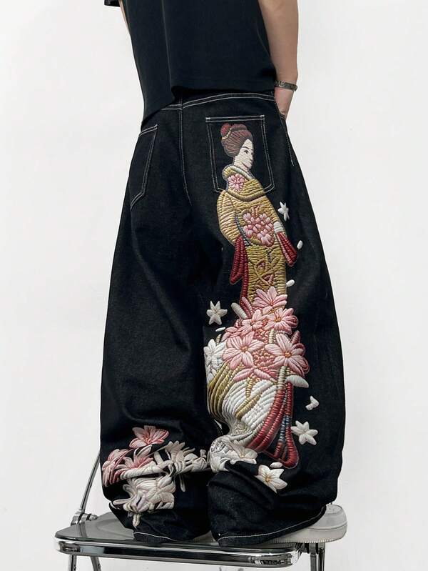 1pc Hearty Haven Men's Loose Fit Wide Leg Printed Jeans, Casual Street Style, Comfortable College Vibe Pants (No Belt Or Accessories)