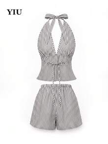 YIU 2pcs/Set Women's Sexy Halter Neck Backless Grey Striped Top + Elastic Waist Shorts Bohemian Style Outfit, Fashionable Summer Wear - Grey - View 4