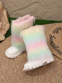 1 Pair Spring/Autumn New Fluffy Random Color Long Hair Decor Girls Casual Boots, Fashion Lightweight Round Toe High-Top Boots, Comfortable Warm Lining, Back Zipper Design, Girls Boots, Suitable For School, Party, Performance, Walking And Other Occasions - Multicolor - View 5
