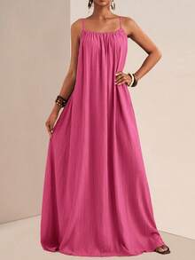 Vestido largo verde para mujer, con tirantes finos y escote cuadrado, estilo holgado casual - Rosa - Ver 5
