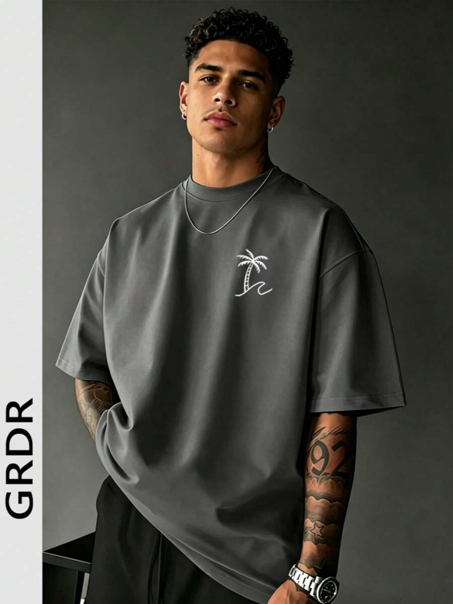 GRDR Men's Round Neck Fashionable Palm Tree Printed Short Sleeve T-Shirt, Casual - Dark Grey - View 1