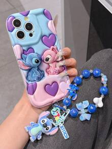 Disney Has Authorized, Phone Case - Chain Set, The Stitch Lilo & Stitch 3D Phone Case Plus A Silicone 3D Stitch Bracelet With Metallic Ring Removable Bracelet, Stitch And Angel Pattern, Compatible With Iphone17/16/15/14/13/12/28/XS/XR/X Plus Pro Max, A Stylish Cartoon Phone Case, The Perfect Gift Choice, Phone Protection, Durable Phone Cover, Great Gift For Friends And Family. - White - View 4