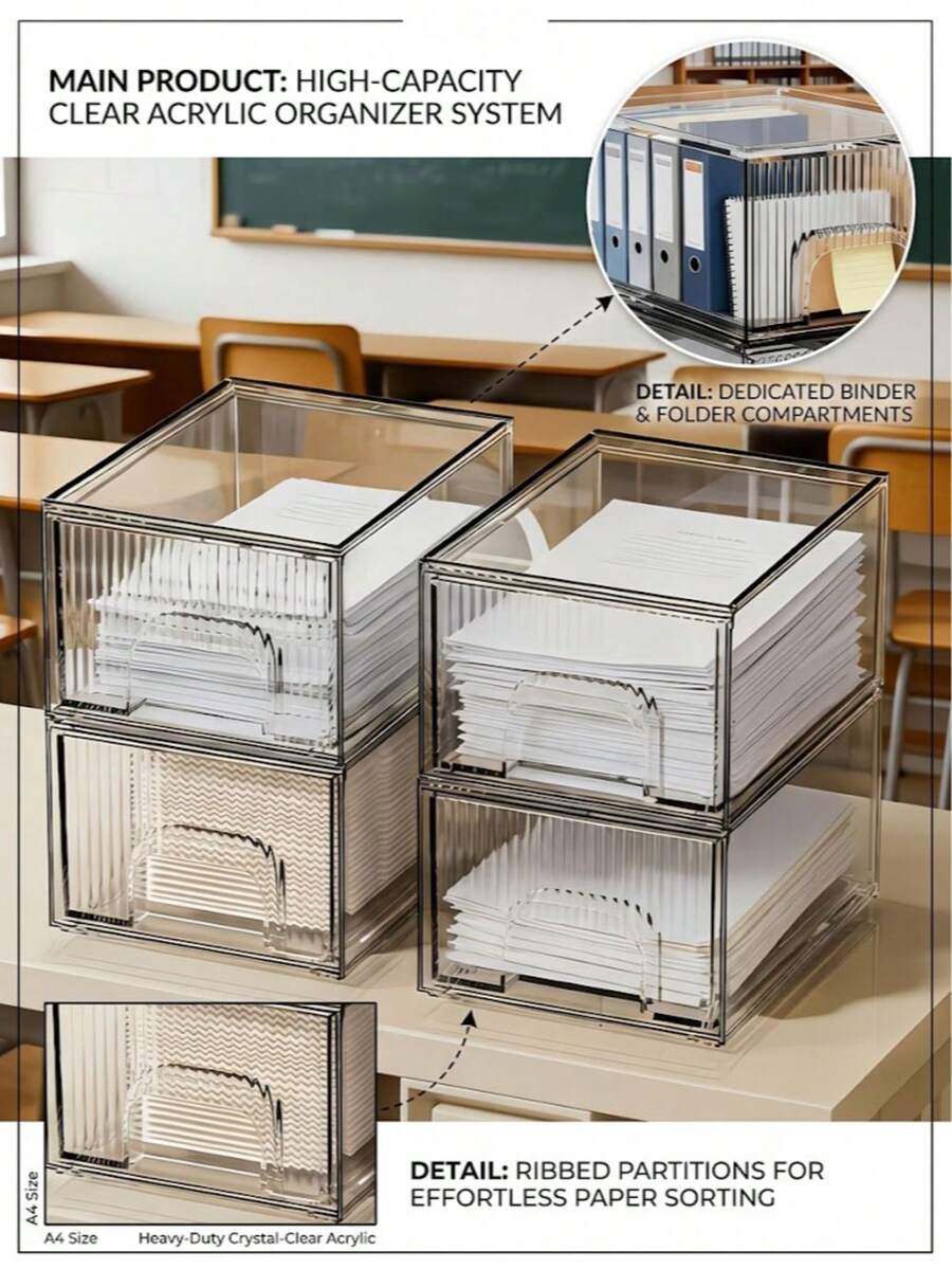 1pc Stackable Transparent Acrylic Desktop File Organizer, Vertical Transparent Document Holder For Office Paper And Notebook Storage - Single Piece - View 1