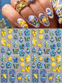 QIANJIKU Mediterranean Style 5D 3D Embossed Nail Art Stickers, Lemon & Blue Porcelain Ocean Theme, Summer Music Festival Salon Nail Artist Supplies - Multicolor - View 2