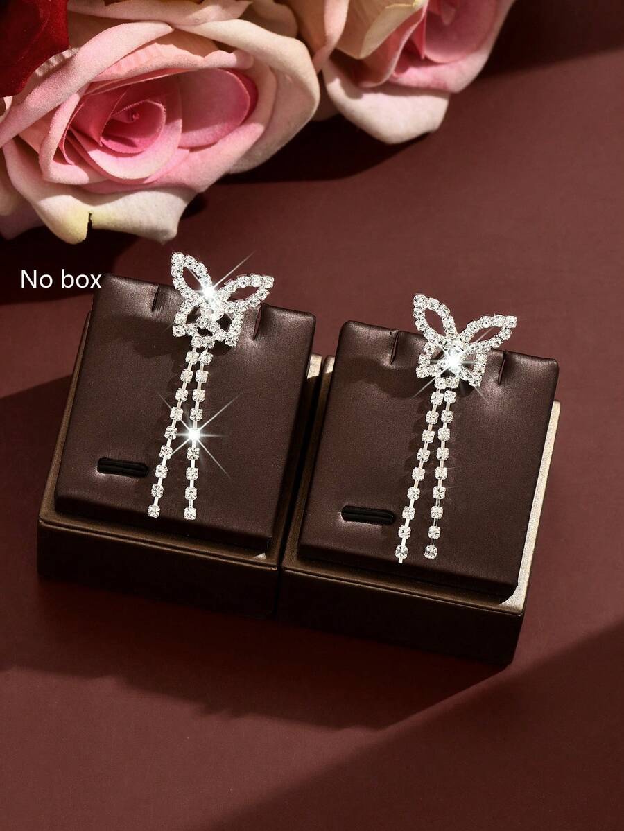 1 Pair Shiny Rhinestone Butterfly Chain Drop Earrings, Fashion Tassel Ear Jewelry, Suitable For Nightclub, Date And Festival Celebration, Birthday Gift - Multicolor - View 1