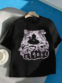 Camiseta extragrande para mujer con estampado de gato negro, de algodón premium, informal, cómoda, resistente y con un estampado gráfico único. - Negro - Ver 2