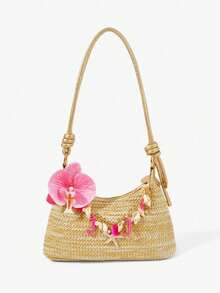 Bolso de paja color caqui, rosa, flor roja, cadena de rosas