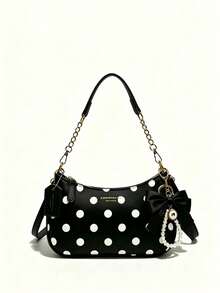 Black And White Polka Dot Shoulder Bag With Gold Chain, Bow And Pearl Pendant, Elegant Party And Bridal Clutch, Essential For Spring/Summer Brides And Formal Event Attendees, Perfect For Weddings, Dinners, Formal Events And Cocktail Parties - Black - View 3