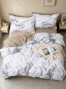3pcs Rock/Marble Pattern Duvet Cover Set, Purple/Grey Optional, Set Includes: 1 Duvet Cover With 4 Corner Ties And Zipper + 2 Pairs Of Pillowcases Without Pillow Inserts, Suitable For Travel And Home Use, Full Size Set - Light Grey - View 8