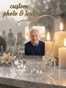 1pc Personalized Acrylic Photo Plaque, Customized Photo & Text Sakura Asymmetrical Floral Memorial Keepsake, Acrylic Photo Frame, Heartfelt Condolence Bereavement Gift, Funeral Memorial Table Decor, Funeral, Memorial Ceremony - Multicolor - View 15