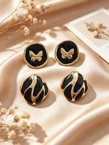 Butterfly Geometric Color-Blocked Stainless Steel Earrings. Thick, Shaped Earring Posts Perfect For Birthdays, Valentine's Day, Dates, Island Vacations, School, Commuting, And More. Also Suitable For Working Professionals, Everyday Wear, Dates, And Short Trips. - Multicolor - View 7