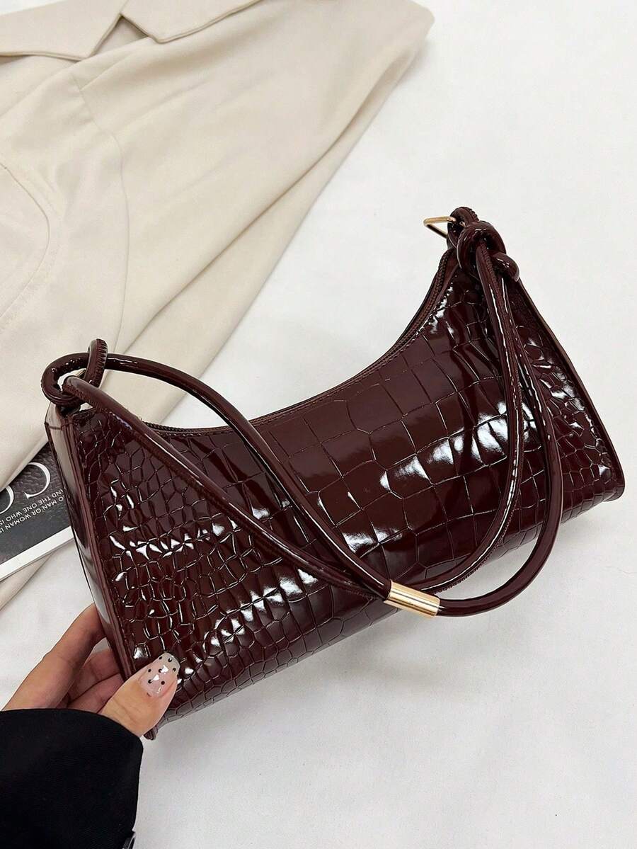 Korean Style Crocodile Embossed Handbag For Women, New Fashion Shoulder Bag, Minimalist Crescent Moon Tote Bag For Women, For Going To Work, Green - 咖啡 - 查看 1