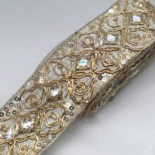 1/5 Yard High-End Embroidered Lace Trim With Fabric Backing, Floral Embroidery, Gold Sequin Decoration, Court Style Rhombus Embroidered Floral Pattern, Suitable For DIY, Sewing, Decoration And Beginner Sewing - Multicolor a - View 7