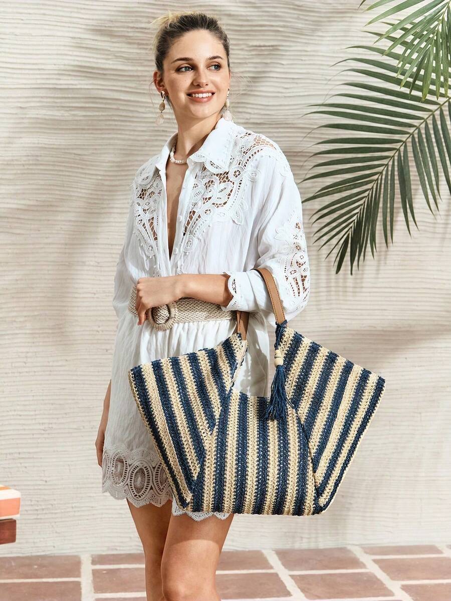 Large Capacity Bohemian Woven Straw Tote Bag With Fringe And Striped And Plain PU Handles For Beach Vacation Summer - Krem - View 1