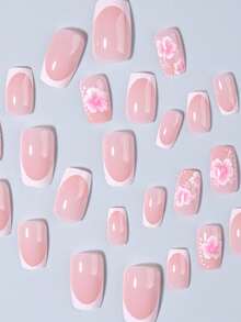 24pcs Short Square Hibiscus Nail Design French Press-On Fake Nails, With 1pc Jelly Gel And 1pc Nail File - Multicolor - View 4